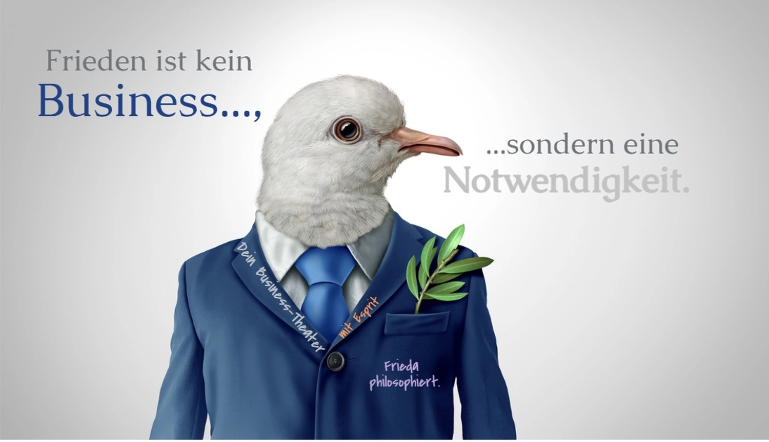 fríeco prílesophiert – Coach, Künstlerin – eine Taube im Businessanzug vermittelt eine Botschaft über Frieden